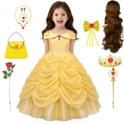 Girls Luxury Yellow Off Shoulder Princess Dress Ruby Accents Belle Cosplay Costume Birthday Party Elegant Ruched Tulle Ball Gown