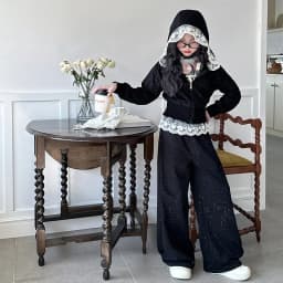 2026 Spring New Girls Clothes Children Suit Teenager Lace Zipped Jacket Narrow Hooded Crop Top + Wide Leg Pants 4 -15 Years