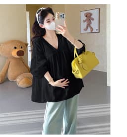 Maternity Shirt Summer 2026 Loose Breathable V Neck Puff Sleeve doll shirt Cute Soft Comfortable