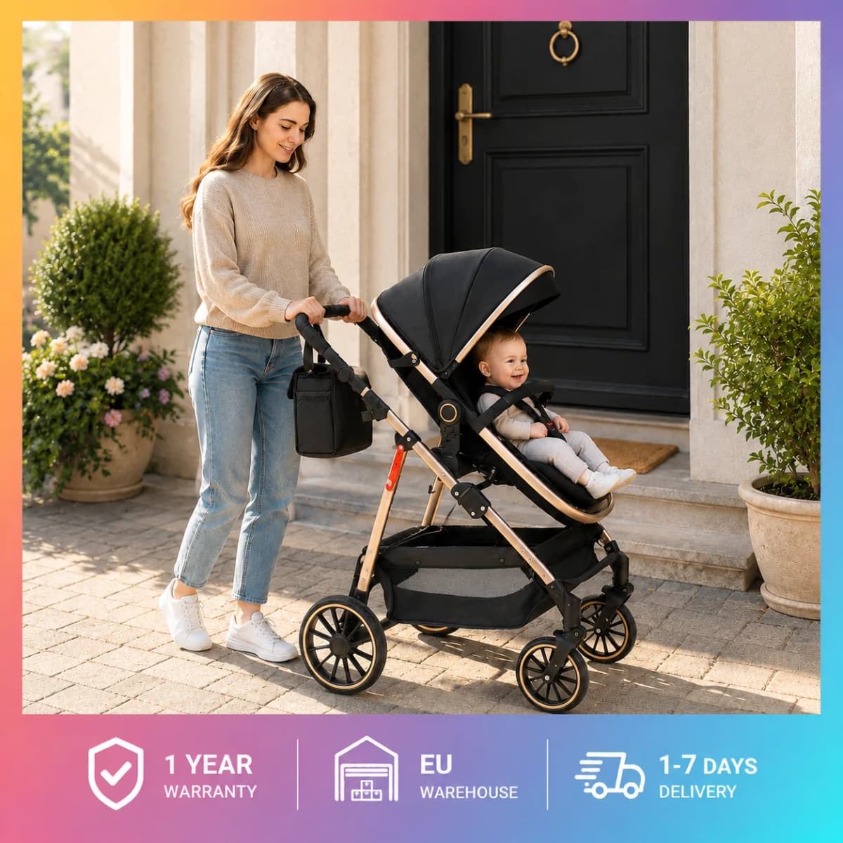 3 in 1 Baby Stroller with Car Seat Luxury High Landscape Infant Carriage Foldable Lightweight Newborn Travel System Pram with Sleeping Basket Rain Cover Mosquito Net Footmuff Diaper Bag Shockproof Pushchair Outdoor Nursery Essentials