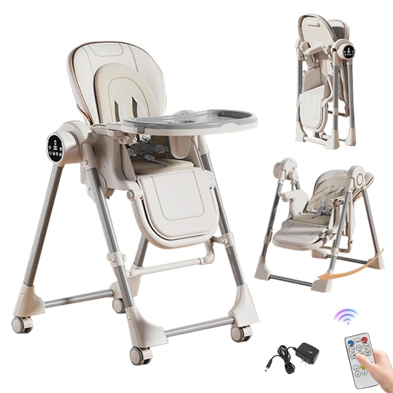 Electric Baby High Chair Swing Convertible Feeding Chair 3 in 1 Infant Dining Seat with Bluetooth Music Function Timer Settings Remote Control Rocking Cradle Adjustable Recline Backrest Height Portable Toddler High Chair Safety Harness Removable Tray Baby