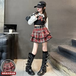 junior girls JK clothes Set Child Internet Celebrity Street Uniform suit Splicing shirt+checkered cake skirt+belt kids outfits