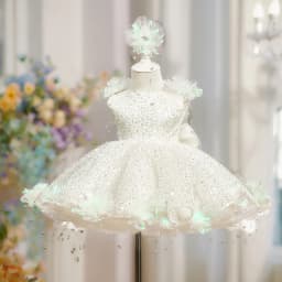 Pearl Flower Dress Children's Princess Dress European and American Style Sequin Pearl Flower Girls Party Playing White Dress