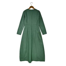 Autumn Winter Women's Woven Denim Wrap Dress with Side Pockets Grey and Green Long Sleeves Round-Neck Casual Maxi Dress