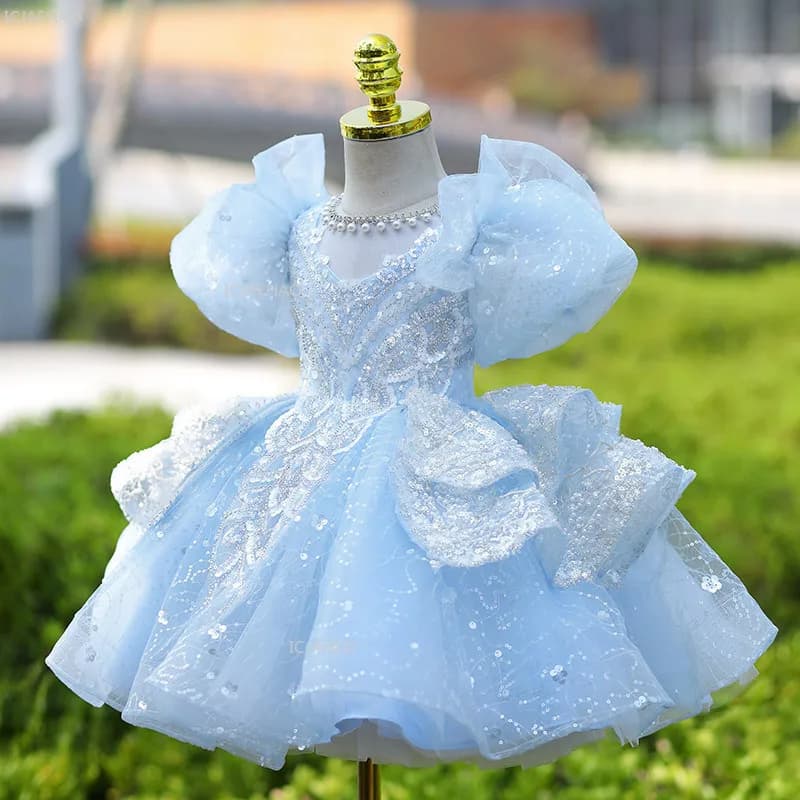 Girls Blue Party Dress Vestido Princess Gown BirthdayParty Kids Elegant Piano Recital Pageant Formal Wear Children Costumes
