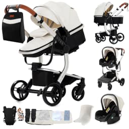 Baby Stroller 3 in 1 with Car Seat Newborn Baby Stroller Luxury Baby Carriage Travel System Foldable Reversible Pram Baby Cart Portable Pushchair Infant Carrier Bassinet for Newborns and Toddlers Can Sit Can Lie Compact Fold Four Wheel EVA Wheels