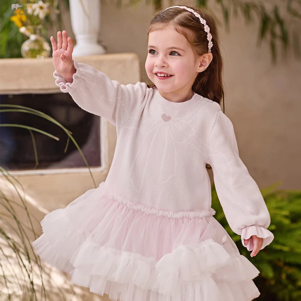 Dave Bella Autumn Spring Sweater Mesh Dress Girls Long Sleeves Party Princess Dress Children's Birthday Clothes DB1260665 