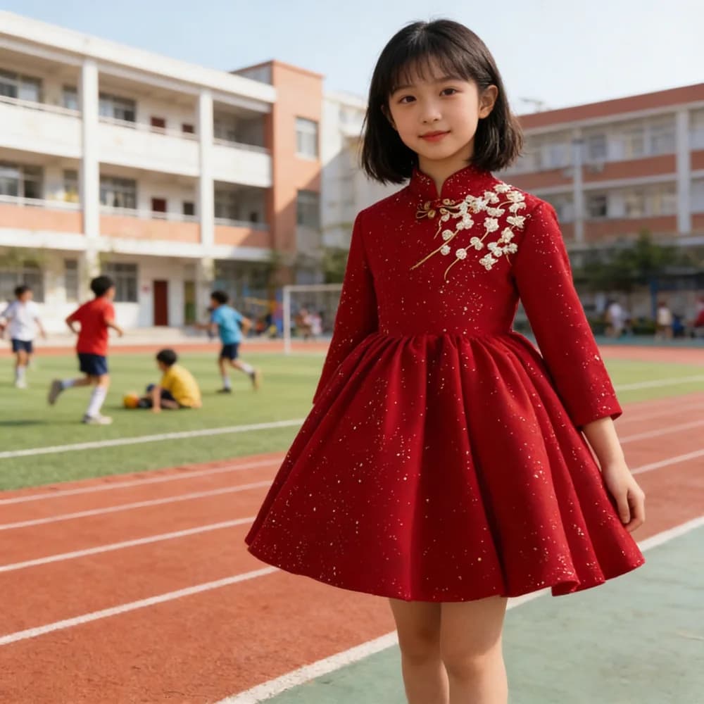 Red Chinese Cheongsam Dress Baby Girls First Birthday PartyChildren Princess Formal Banquet Dress Gown Long Sleeve Flower Girl