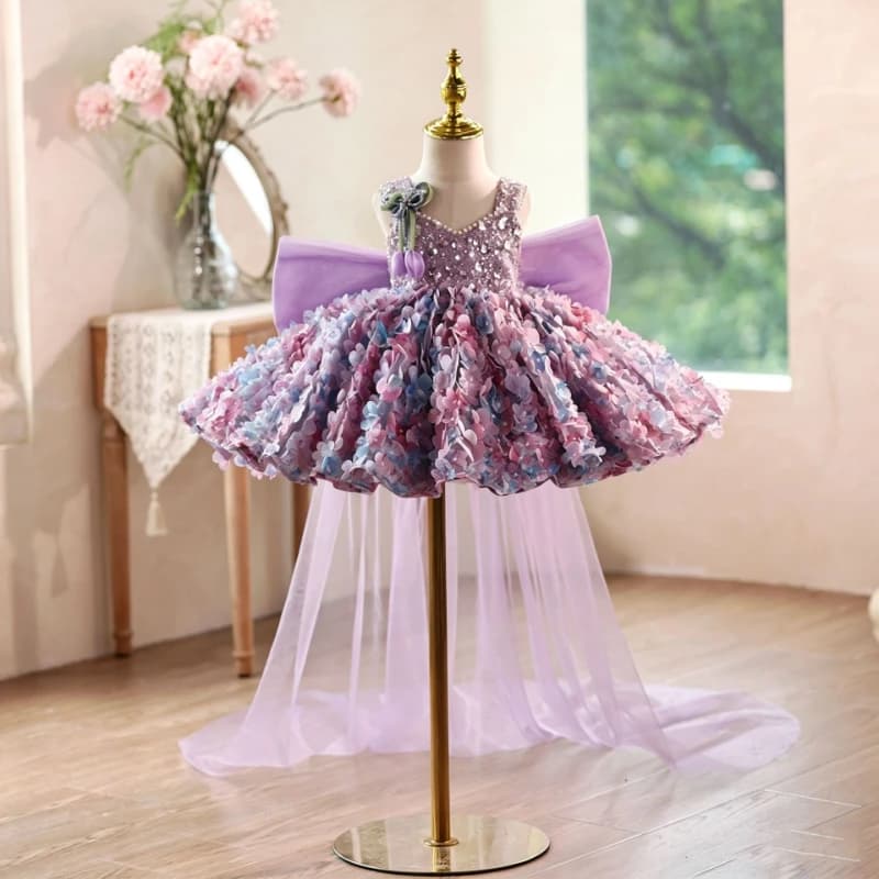 2026 Children Girls Birthday V Neck Purple Floral Gown Piano Performance Runway Kids Host Princess Dress Pageant Elegant Costume