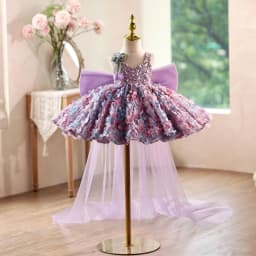 2026 Children Girls Birthday V Neck Purple Floral Gown Piano Performance Runway Kids Host Princess Dress Pageant Elegant Costume