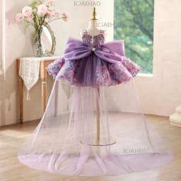 2026 Children Girls Birthday V Neck Purple Floral Gown Piano Performance Runway Kids Host Princess Dress Pageant Elegant Costume