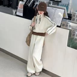 ZOETOPKID 2026 Autumn Teenager Clothes Children Set Grey Batwing Striped Crop Top Sweatshirt + Wide Leg Pant Tracksuit