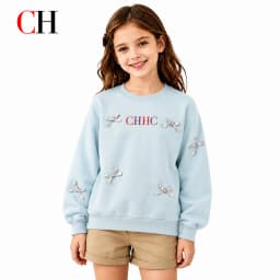 CH Girls Sweatshirt Long Sleeve Bow Applique Crew Neck Pullover Kids Casual Spring Autumn Top Light Blue