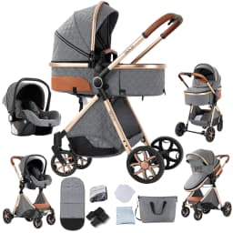 3-in-1 Baby Stroller Combined with Carrycot and Travel System with Car Seat, Lightweight Aluminum Frame, Foldable, Easy to Transport, High Position, Reclining Backrest, Reversible Seat, All-Terrain Wheels with Suspension, Sunshade, Anti-Uv Canopy, Bebe.
