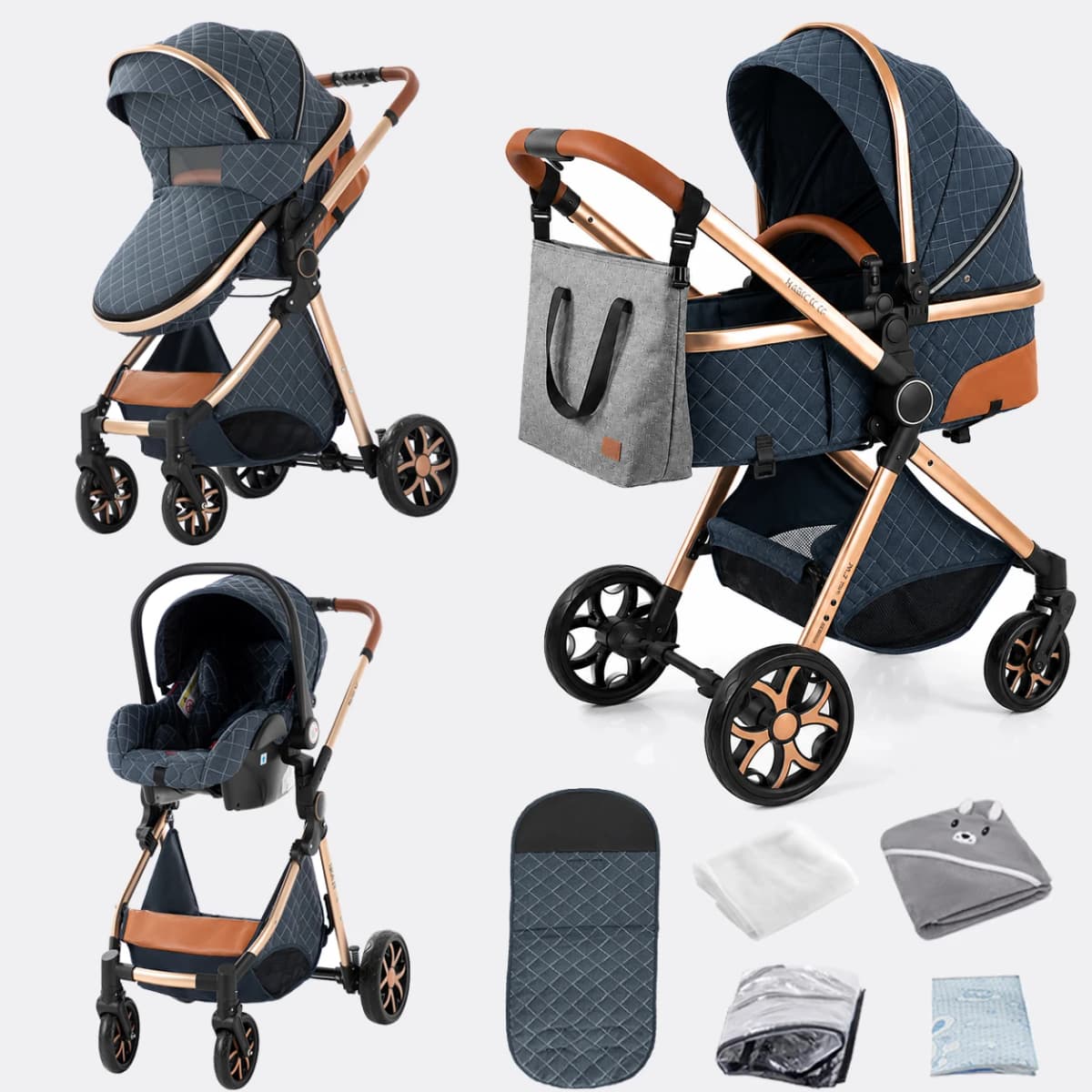 Premium 3-in-1 Baby Stroller Pram Travel System High Position Aluminum Frame Foldable Reversible Seat All-Terrain Wheels with Suspension Uv Protection Canopy Spacious Basket with 6 Free Gifts