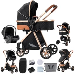 Premium 3-in-1 Baby Stroller Pram Travel System High Position Aluminum Frame Foldable Reversible Seat All-Terrain Wheels with Suspension Uv Protection Canopy Spacious Basket with 6 Free Gifts