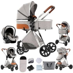 Premium 3-in-1 Baby Stroller Pram Travel System High Position Aluminum Frame Foldable Reversible Seat All-Terrain Wheels with Suspension Uv Protection Canopy Spacious Basket with 6 Free Gifts