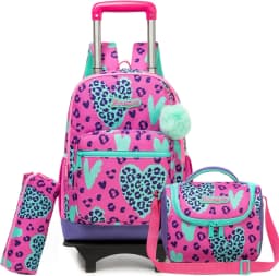 Rolling Backpack for Kids Girls Rolling Backpack for School Backpacks with Wheels for Kids 8-12 Leopard Print Love Roller Backpa