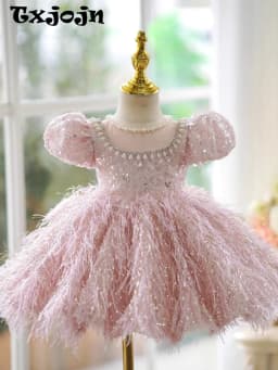2027 New Girls Luxury Tutu Dress For Birthday Party Shimmering Crystal Pearls Puff Sleeve Kids Princess Gown Performance Wear
