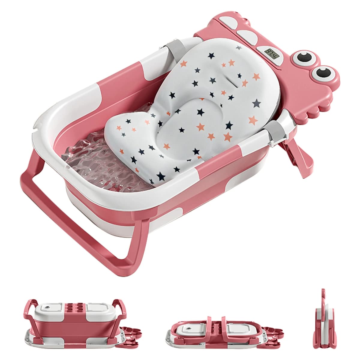 Foldable Baby Bath with Baby Bath Cushion and Built-In Thermometer – Children's Bath with Baby bath mat