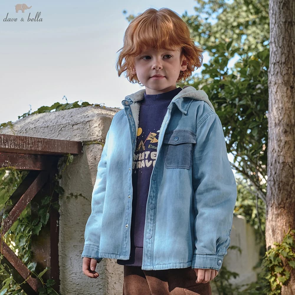 Dave Bella Boys Winter Autumn Jeans Shirt Jacket for Children Warm Velvet Thicken Hooded Coats Kids Outwear Clothing DK4254291