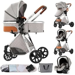3-in-1 Baby Stroller with Car Seat Baby Pram Foldable Easy to Carry Stable Dual-directional Baby Pushchair Compact Baby Buggy Awning Travel System Newborn Carriage