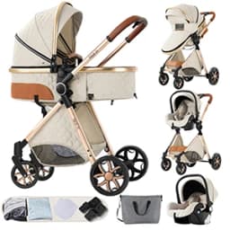 3-in-1 Baby Stroller with Car Seat Baby Pram Foldable Easy to Carry Stable Dual-directional Baby Pushchair Compact Baby Buggy Awning Travel System Newborn Carriage