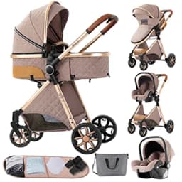 3-in-1 Baby Stroller with Car Seat Baby Pram Foldable Easy to Carry Stable Dual-directional Baby Pushchair Compact Baby Buggy Awning Travel System Newborn Carriage