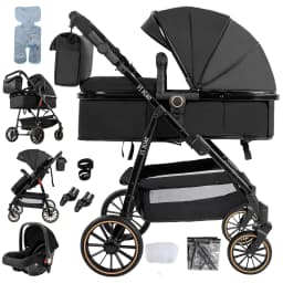 Portable 3 in 1 Baby Stroller Travel System Convertible Lightweight Infant Pram Carriage with Safety Seat Durable Frame Shock Absorbing Wheels Lightweight Pushchair Cart