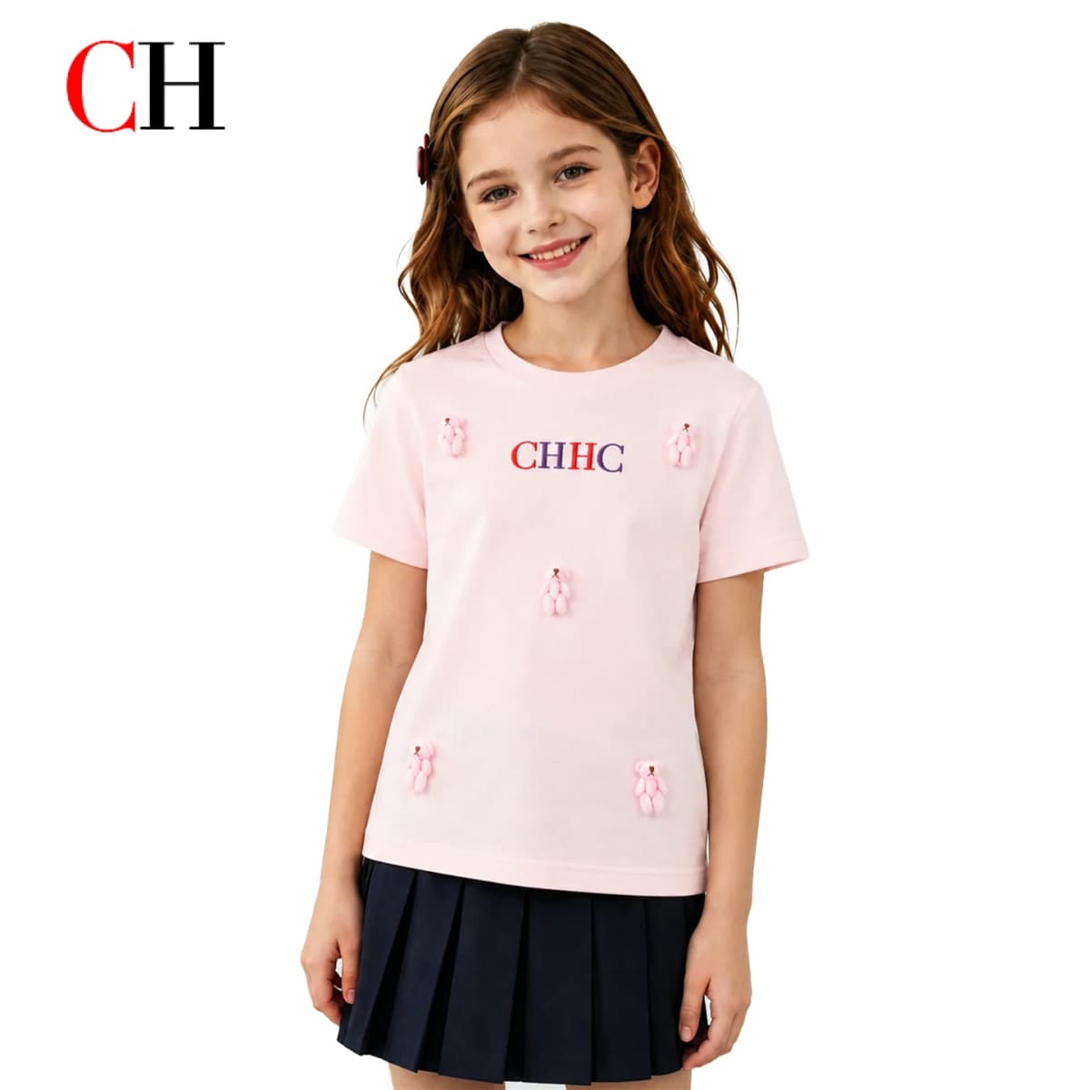 CH Girls Pink Short Sleeve T-shirt 3D Bear Doll CHHC Letter Embroidery Round Neck Casual Summer Kids Cute Daily Tops