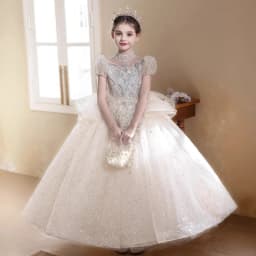 Children Girls Formal Performance Flower Girl Wedding Princess Gown Long Dress Kids Champagne Elegant Host Birthday Party Piano