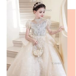 Children Girls Formal Performance Flower Girl Wedding Princess Gown Long Dress Kids Champagne Elegant Host Birthday Party Piano