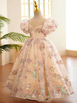 Sequined Puff Sleeve Flower Girls Dresses For Wedding Customized Cute O-neck Princess Gown Birthday Party Piano Performance