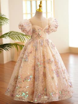 Sequined Puff Sleeve Flower Girls Dresses For Wedding Customized Cute O-neck Princess Gown Birthday Party Piano Performance