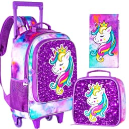 3PCS Rolling Backpack for Girls and Boys, Kids Unicorn Dinosaur Wheeled Bookbag