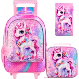 3PCS Rolling Backpack for Girls and Boys, Kids Unicorn Dinosaur Wheeled Bookbag