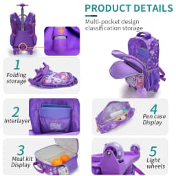 3PCS Set Rolling Backpack For Girls, Cute Cartoon Cat Sequin Wheeled Bookbag For Elementary Students, With Lunch Box And Pen Bag