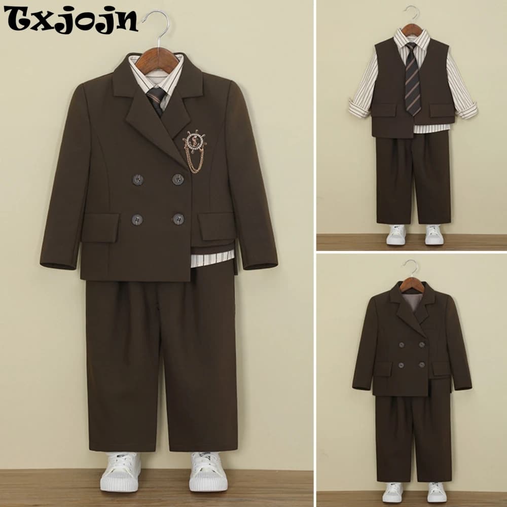 Casual Handsome Kids Suit Set 6 Pieces 90-160cm Notched Lapel Boys Formal Suits For Piano Performance Stylish Party Tuxedo