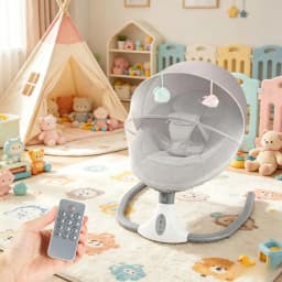 Bymaocar Baby Swing Infant Rocker Newborn Electric Cradle with Bluetooth Music USB Remote Control Timer 4 Angle Adjustable 25° Ergonomic Seat 3-Point Safety Harness Anti-Slip Base Lockable 0-18 Months 39.68lbs Grey S-Y608 Washable Cover Mosquito Net