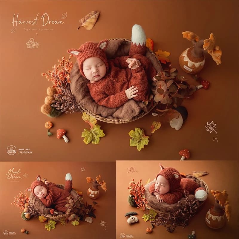 Newborn Photography Props for Baby Photoshoot Fall Season Theme Set Handmade Knitted Fox Outfit with Backdrop Maple Leaves Decor