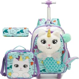 Meetbelify Rolling Backpack for Girls 3D Cartoon Plush Wheeled School Bag with Lunch Box Pencil Case Ages 6-8