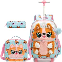 Meetbelify Rolling Backpack for Girls 3D Cartoon Plush Wheeled School Bag with Lunch Box Pencil Case Ages 6-8