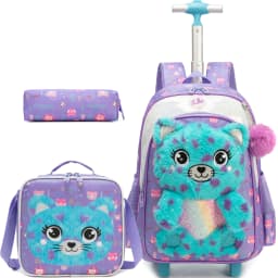 Meetbelify Rolling Backpack for Girls 3D Cartoon Plush Wheeled School Bag with Lunch Box Pencil Case Ages 6-8