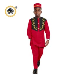 African Clothes for Boy Dashiki Children Appliques Top Shirt and Pant Sets Match Hat Cap Bazin Riche Kid Muslim Outfits 2446042