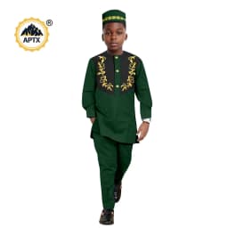 African Clothes for Boy Dashiki Children Appliques Top Shirt and Pant Sets Match Hat Cap Bazin Riche Kid Muslim Outfits 2446042