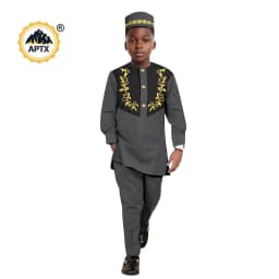 African Clothes for Boy Dashiki Children Appliques Top Shirt and Pant Sets Match Hat Cap Bazin Riche Kid Muslim Outfits 2446042