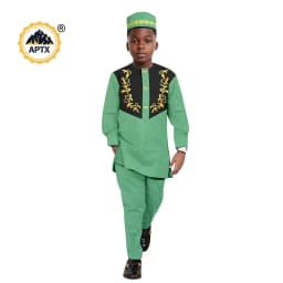 African Clothes for Boy Dashiki Children Appliques Top Shirt and Pant Sets Match Hat Cap Bazin Riche Kid Muslim Outfits 2446042