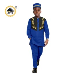 African Clothes for Boy Dashiki Children Appliques Top Shirt and Pant Sets Match Hat Cap Bazin Riche Kid Muslim Outfits 2446042