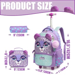 Girls Rolling Backpack with Lunch Box School Backpacks with Wheels 16.5" Roller Backpack for Girls, 3pcs Kids Wheeled Bookbag