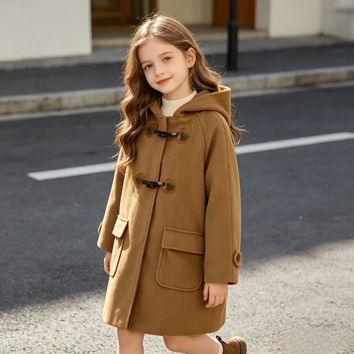 Winter Warm Wool Duffle Coat for Girls Hooded Mid Length Horn Toggle Button Windproof Casual Daily Outer Overcoat 2-14Y Teen